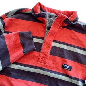 LL Bean Vintage 90s Rugby Shirt XL Mens Striped Mountain Logo 100% Cotton 507514